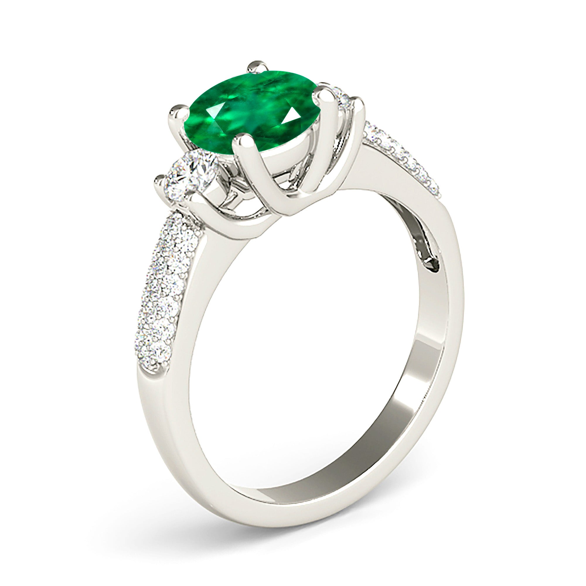 2.00 ct. Genuine Emerald Lucida Style Three Stone Ring With 0.40 ctw. Side Diamonds-VIRABYANI
